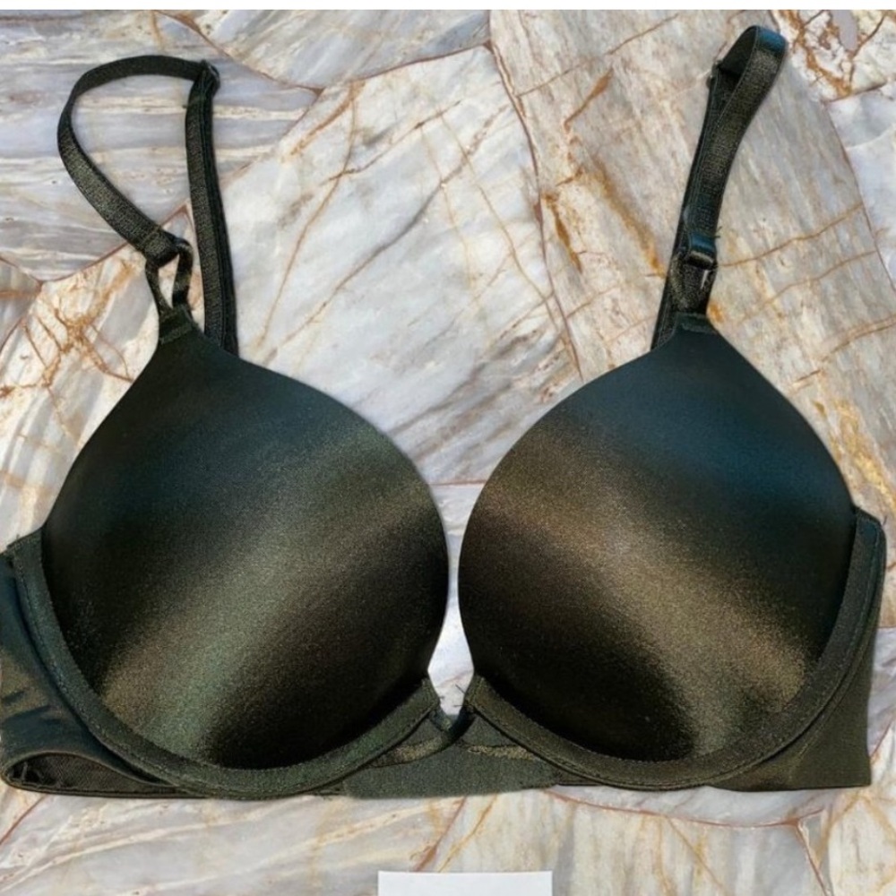 VS Bombshell Bra Satin Olive Green Satin Super Push Up 34A